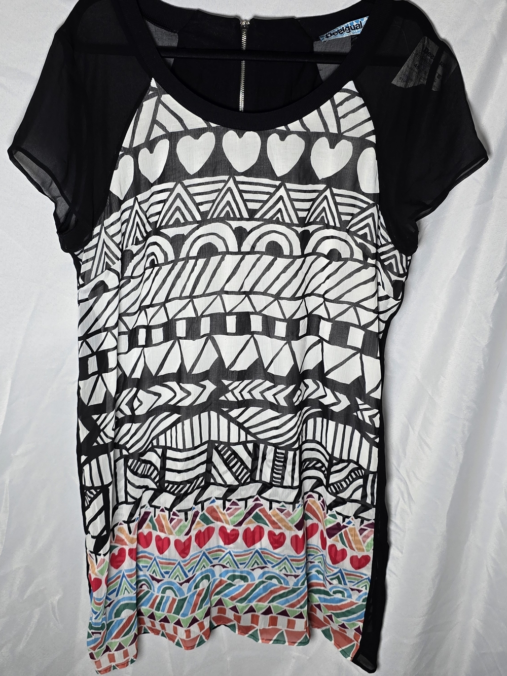 NWT Desigual Heart Print Sheer Short Sleeve Mini Dress Tunic Maximalist, 46/14